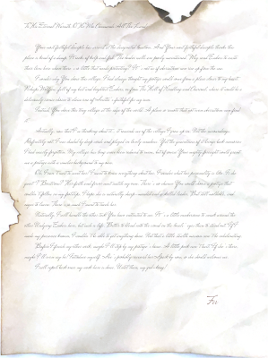 A heavily burnt image of a piece of paper with several pieces burnt out of the page. A transcript of the text follows.