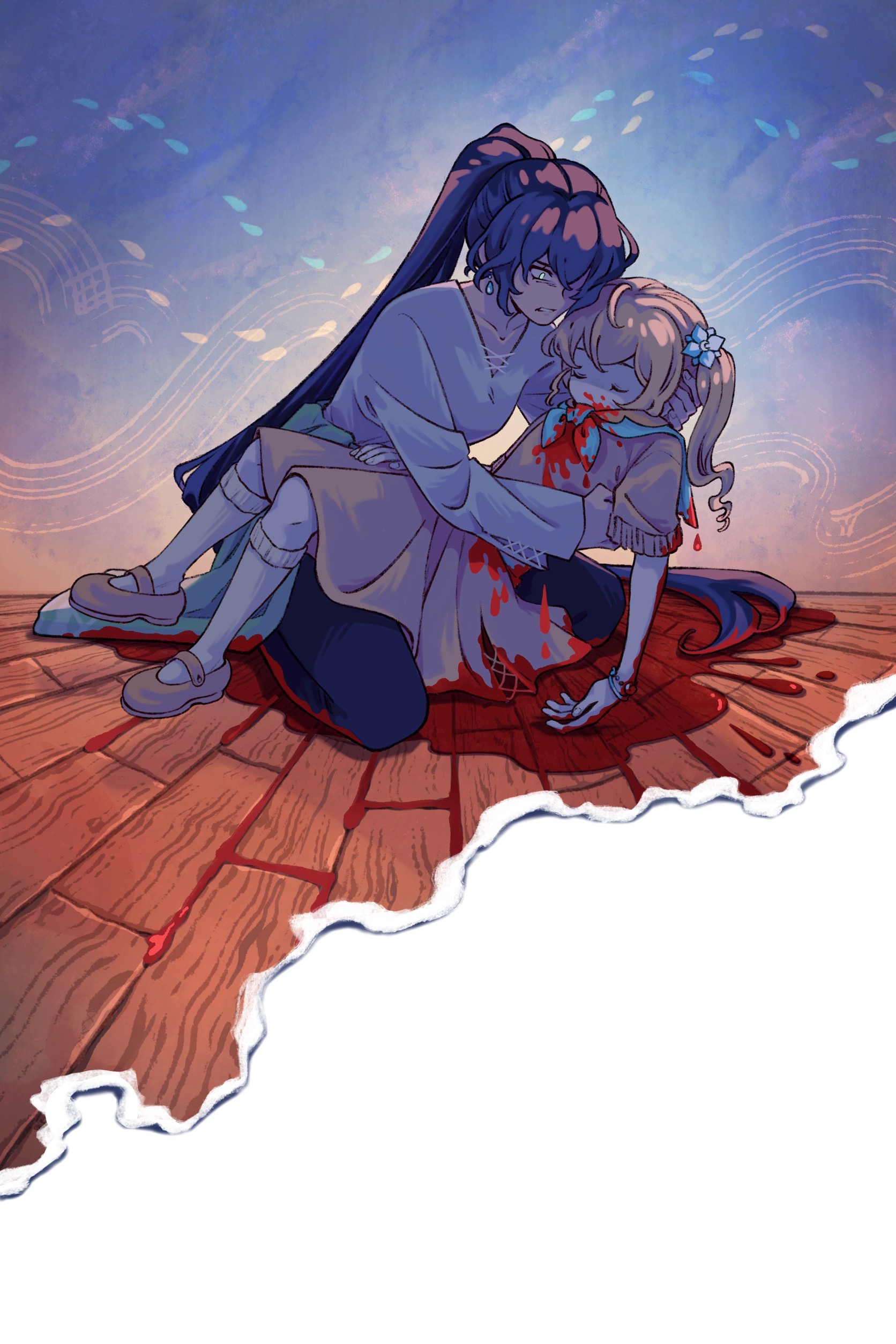 An illustration of the events that occurred on 05/02 within the Last Lighthouse Keeper exhibition. Jasmine, her face struck in horror, cradles Blossom's dead body. Blood trails down Blossom's neck and stains her dress, pooling around them both on the wood floor. A blue background is behind them, contrasting with the red of the blood and the orange of the floorboards. Lines wave through the background, weaving with small blue and yellow droplets.
