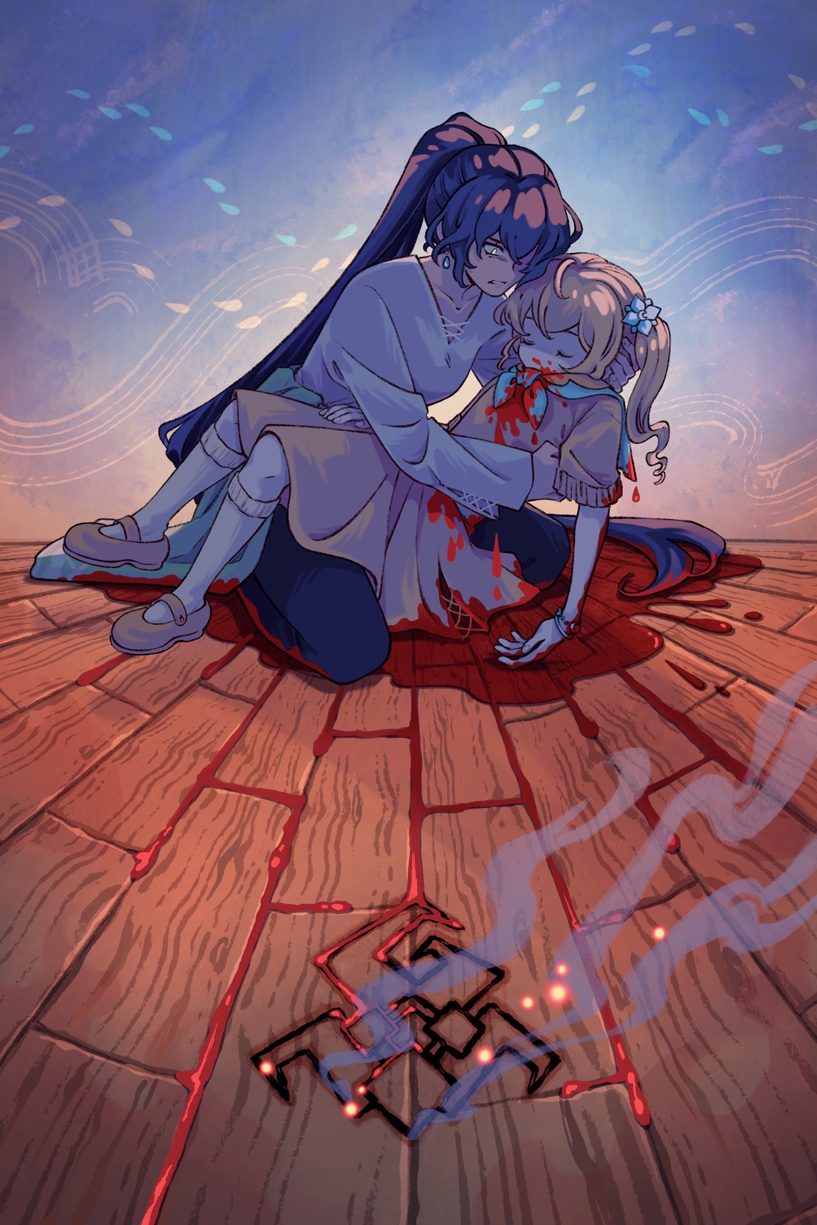 An artistic rendition of Jasmine discovering Blossom's body. Jasmine clutches Blossom's body, which is covered in the blood. As her blood runs down the booards, it fills His Eternal Warmth's Sigil, which is burned into the floorboards.