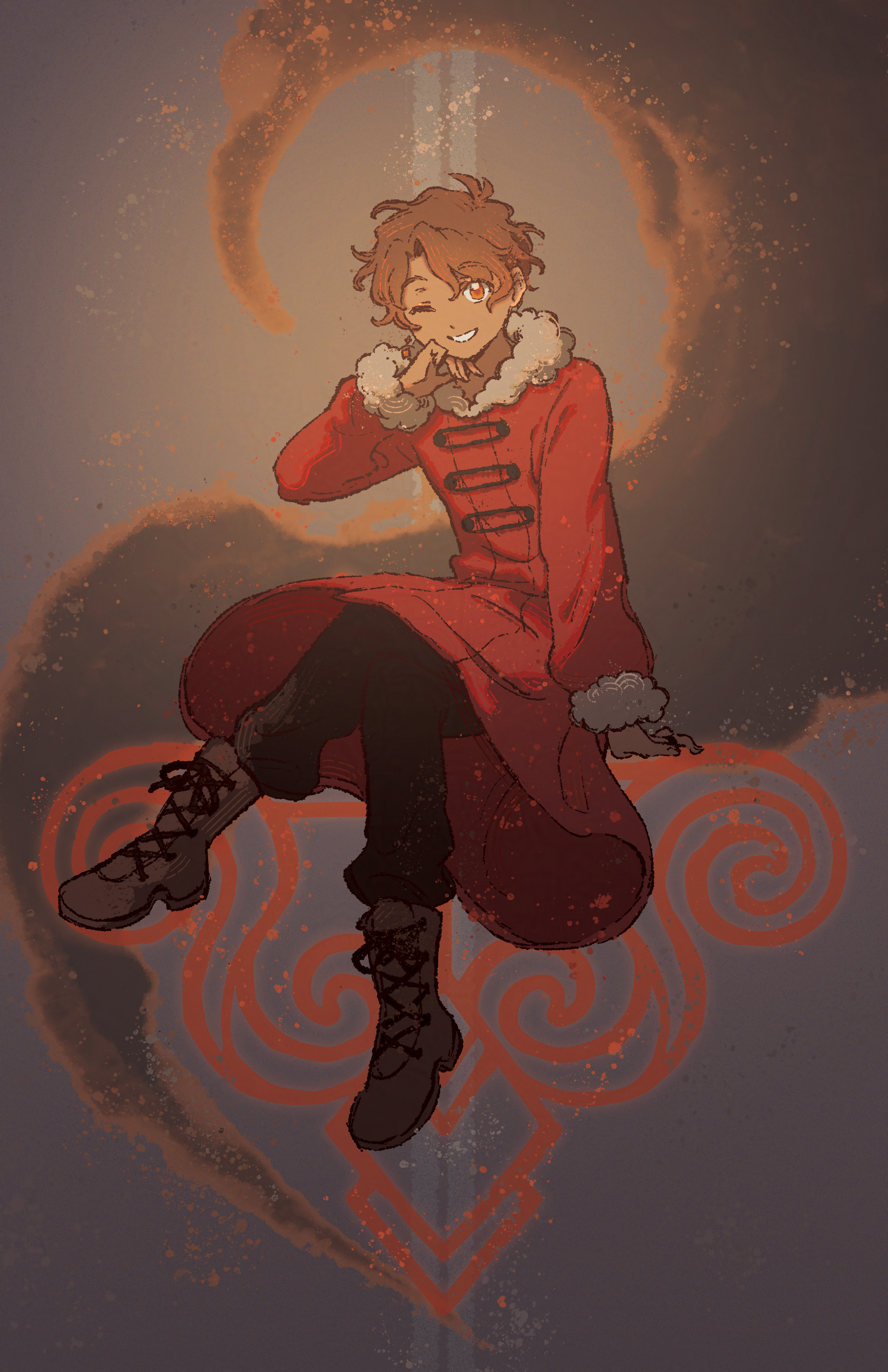 A young man in a long red jacket with gray wool lining the hood and the sleeves grins mischievously at the viewer. He has brown skin and fluffy brown hair. His eyes are orange-red, and one is closed in a wink. He sits on a sigil that looks like a crossbow. A wave of smoke swirls over his head.