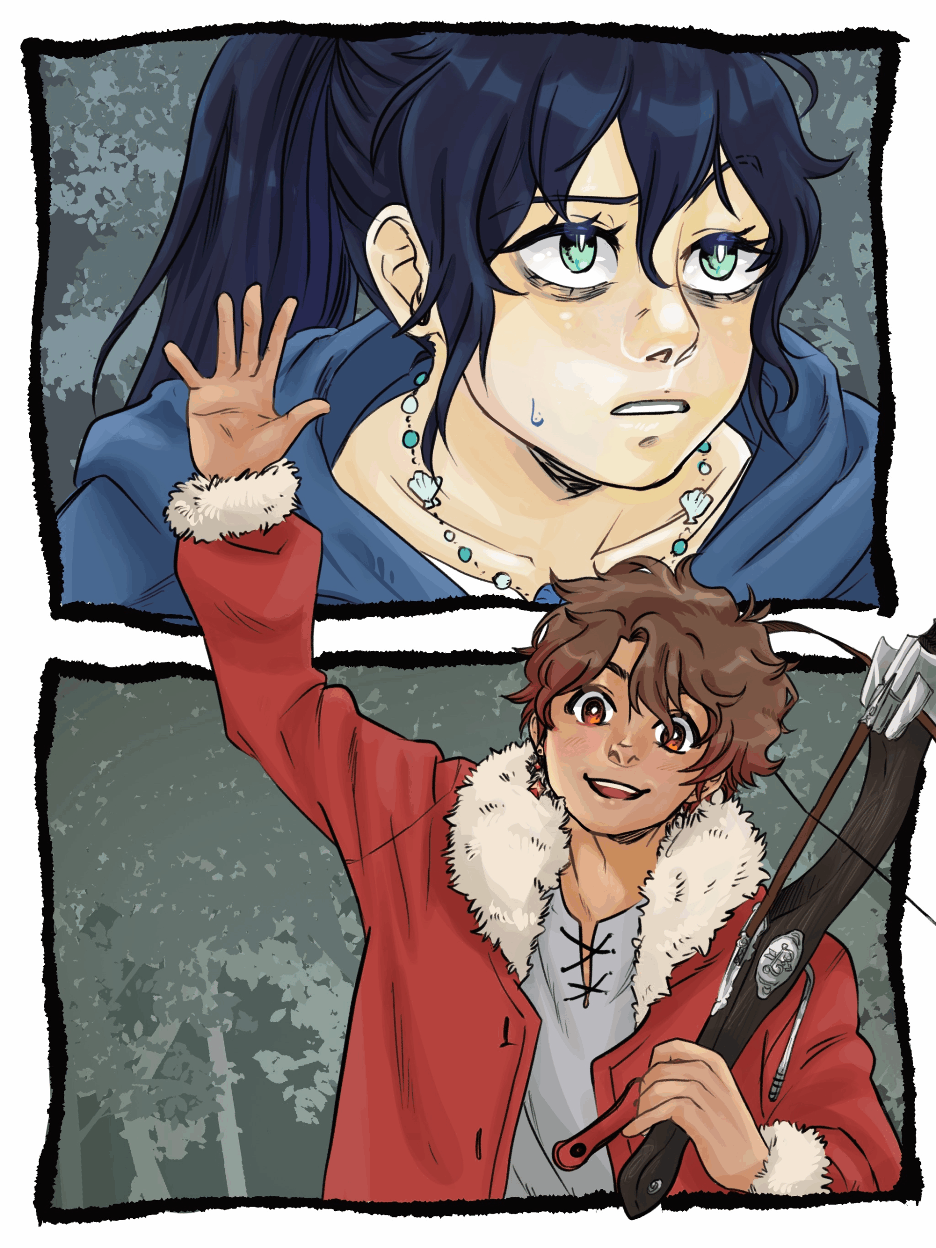 An illustration of the events that occurred in Jasmine's journal entry on the previous page, which can be linked to at the bottom. The image is separated intwo two halves: at the top is a close-up of Jasmine's face, looking uneasy. She is a young woman with a dark ponytail and mint green eyes, wearing a blue cloak. She is sweating and clearly tired. At the bottom of the image, and what Jasmine is looking at, is Nico waving at her in greeting: he is a young man with curly brown hair and wearing a large read coat. He holds a crossbow in one hand with a small sigil etched onto the weapon.