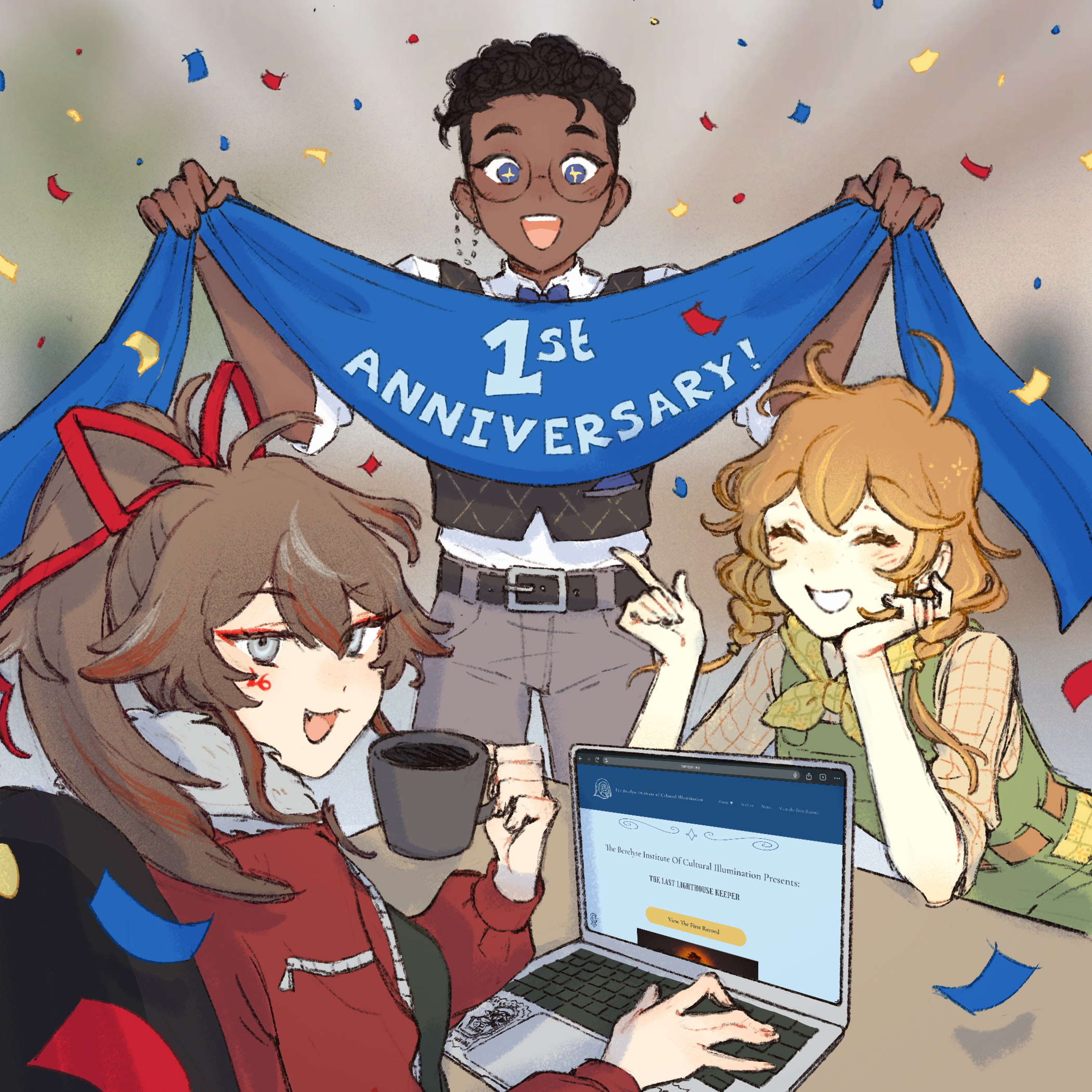 Amherst Pounce, a man in a brown vest and brown trousers, smiles as he holds a banner that says "first anniversary." Sitting before him at the table is Aimi, in green overalls and brown braids, who smiles at the camera. On the other side is Ellsyx, a woman with a brown ponytail in a red jacket. She holds a cup of coffee and is working on the website berelyse.org. They are celebrating the website's first anniversary!